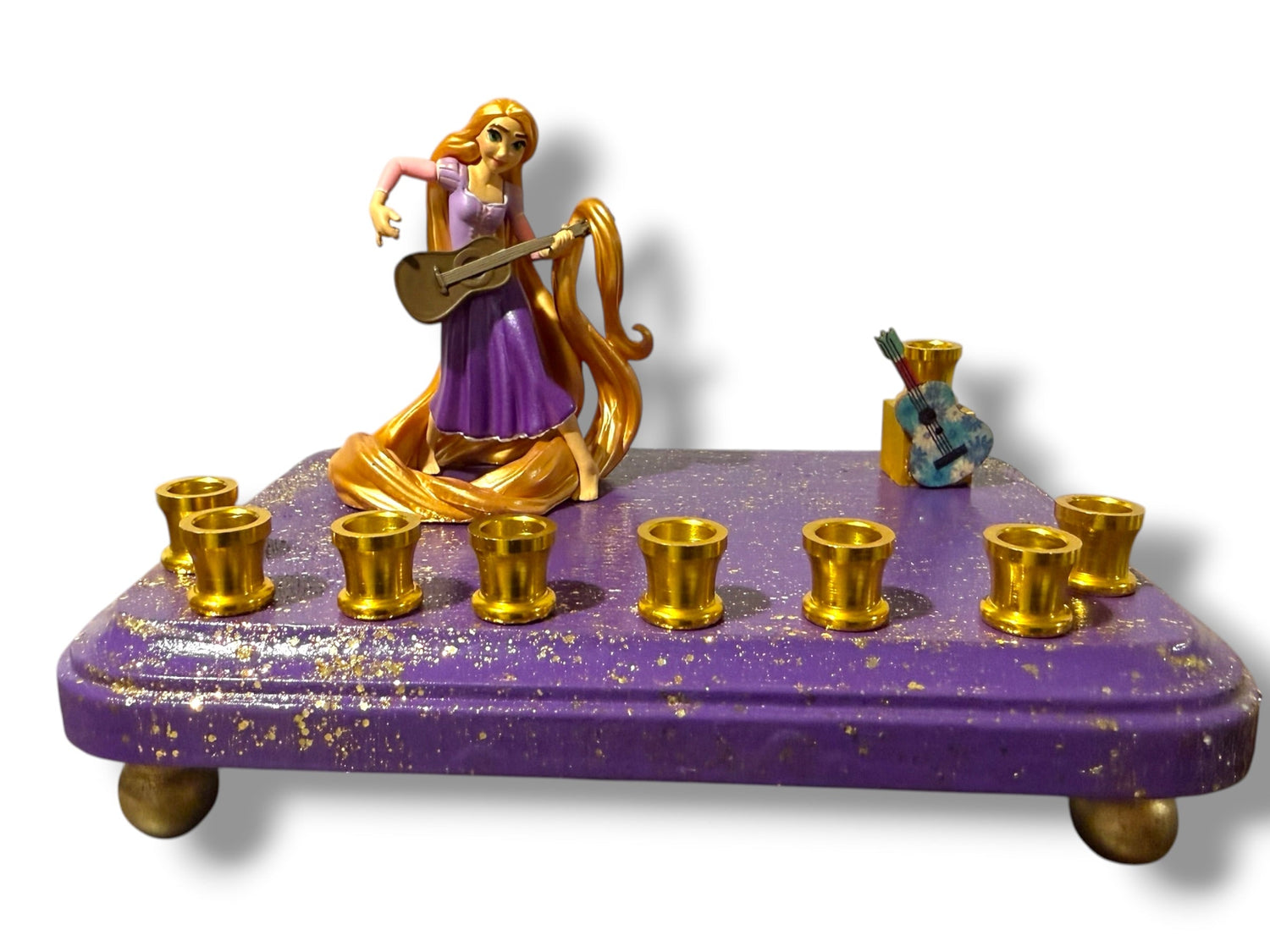 Rapunzel menorah — Tangled figure with wooden guitar shamash on painted base | Judaica Square Lakewood (view 13)