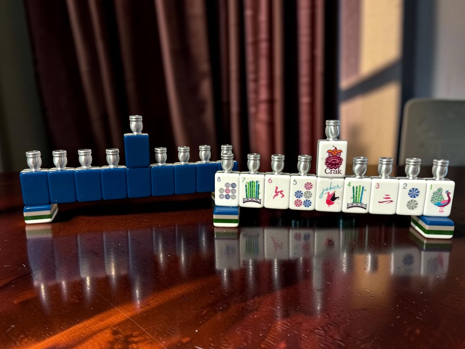 Mah Jongg menorah — repurposed game tiles with numbered aluminum candle cups | Judaica Square Lakewood (view 14)