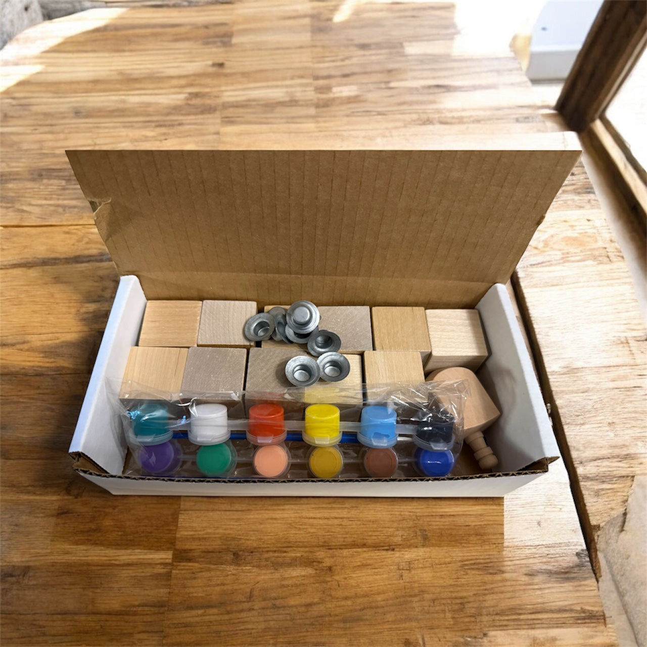 Block menorah kit — birch cubes, wooden dreidel, acrylic paints and aluminum candle cups | Judaica Square Lakewood (view 2)