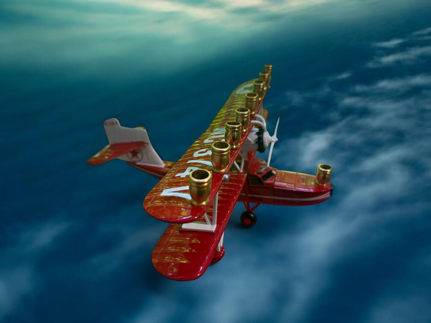 Vintage Airplane Menorah — die-cast metal plane bank fitted with aluminum cups | Judaica Square Lakewood (view 13)