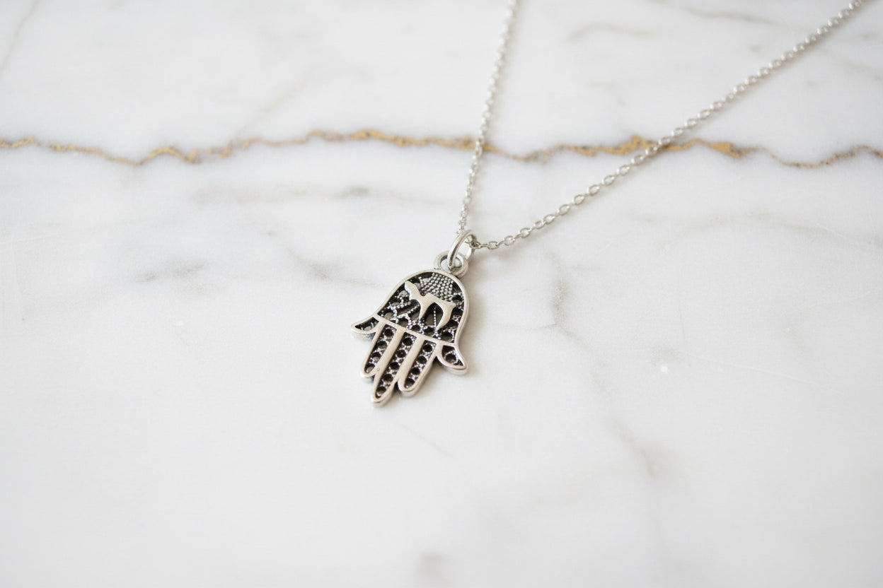 Sterling silver filigree hamsa pendant with Chai cutout on box chain | Judaica Square Lakewood (view 2)