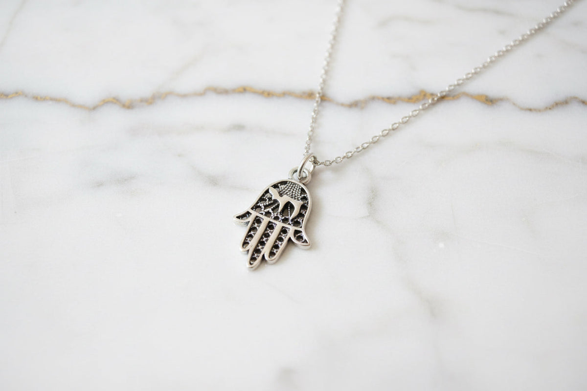 Sterling silver filigree hamsa pendant with Chai cutout on box chain | Judaica Square Lakewood (view 2)