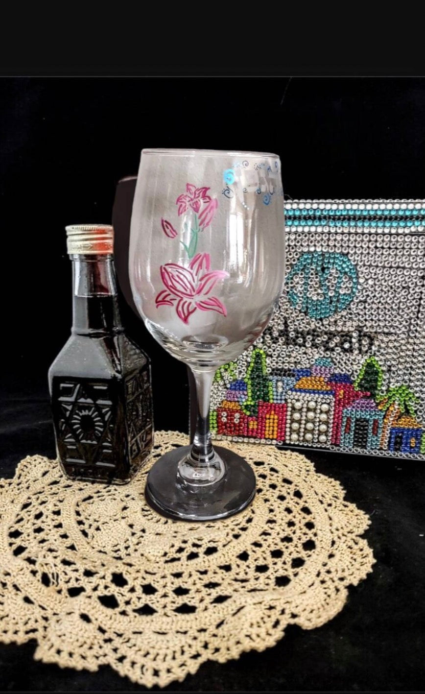 Blessing over wine kiddush cup — etched glass painted with lilies | Judaica Square Lakewood (view 7)