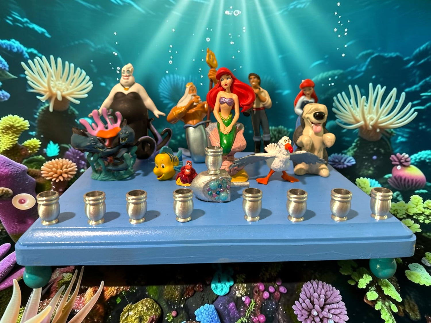 Little Mermaid Menorah — mermaid figures and rhinestones on a painted wood plaque | Judaica Square Lakewood (view 20)