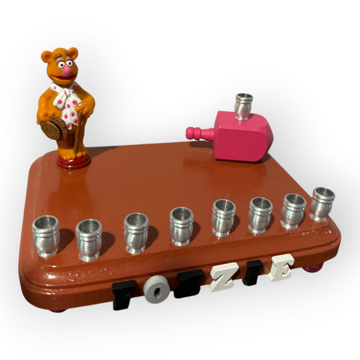 Fozzie Bear menorah — Muppets bear chess piece on painted wood with aluminum cups | Judaica Square Lakewood