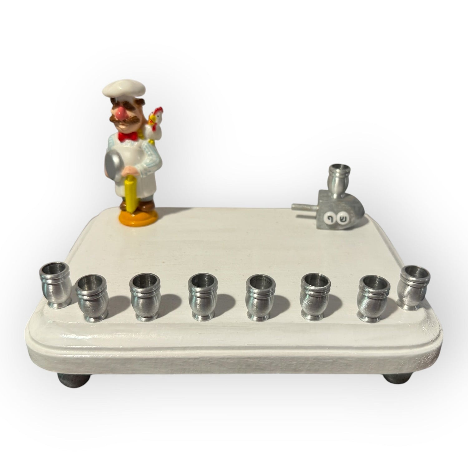 Swedish Chef menorah — Muppets chef figure with Hebrew bead dreidel and aluminum cups | Judaica Square Lakewood (view 17)