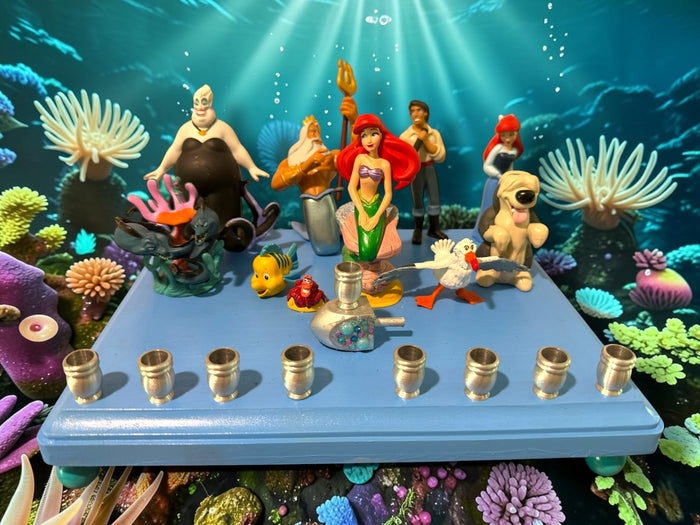 Little Mermaid Menorah — mermaid figures and rhinestones on a painted wood plaque | Judaica Square Lakewood