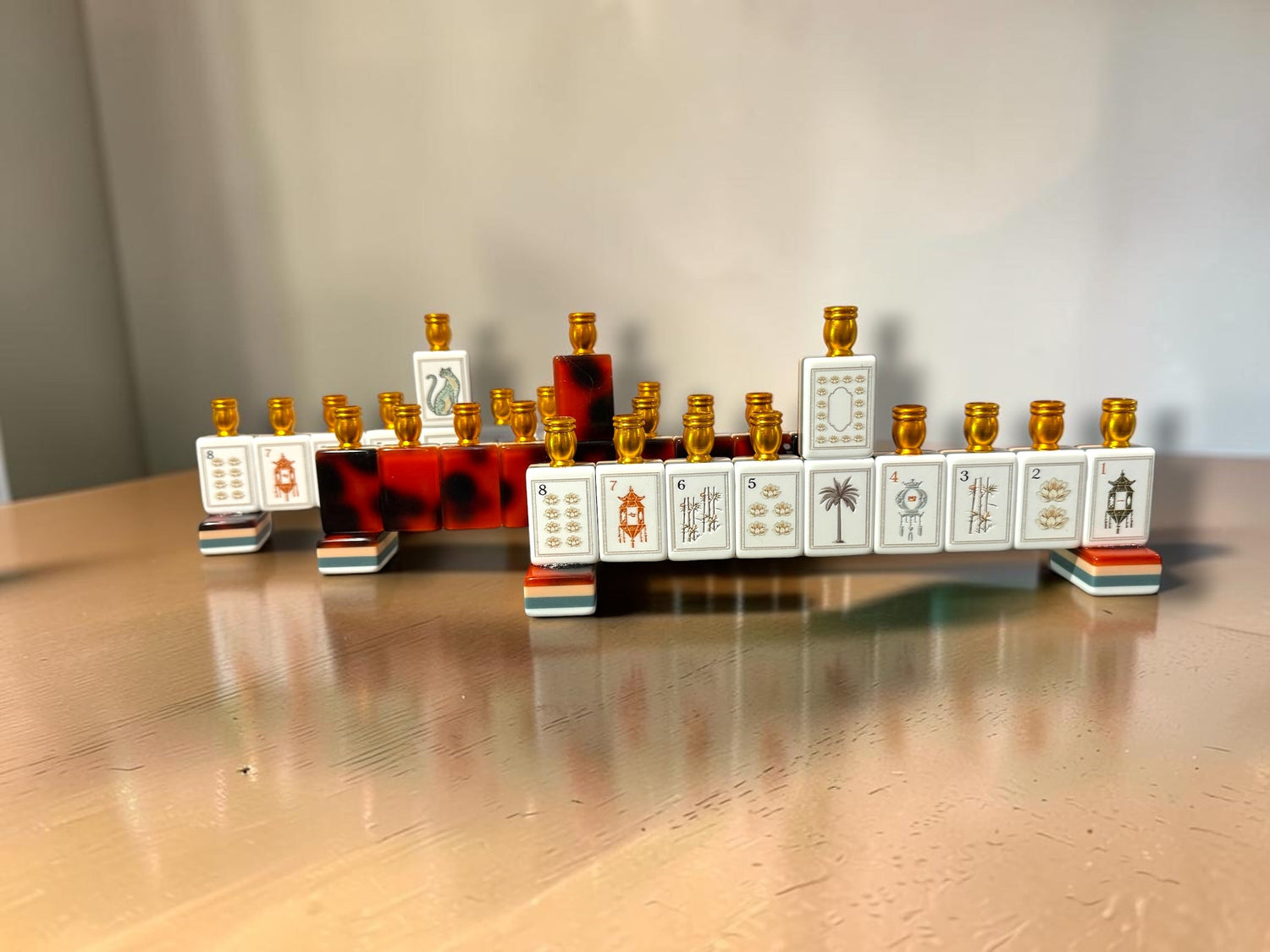 Mah Jongg menorah — repurposed game tiles with numbered aluminum candle cups | Judaica Square Lakewood (view 15)