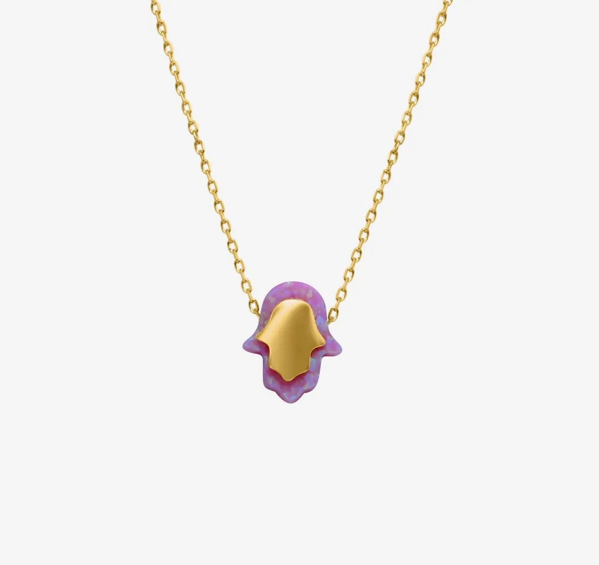 Pink opal hamsa necklace — gold plated sterling pendant | Judaica Square Lakewood (view 10)