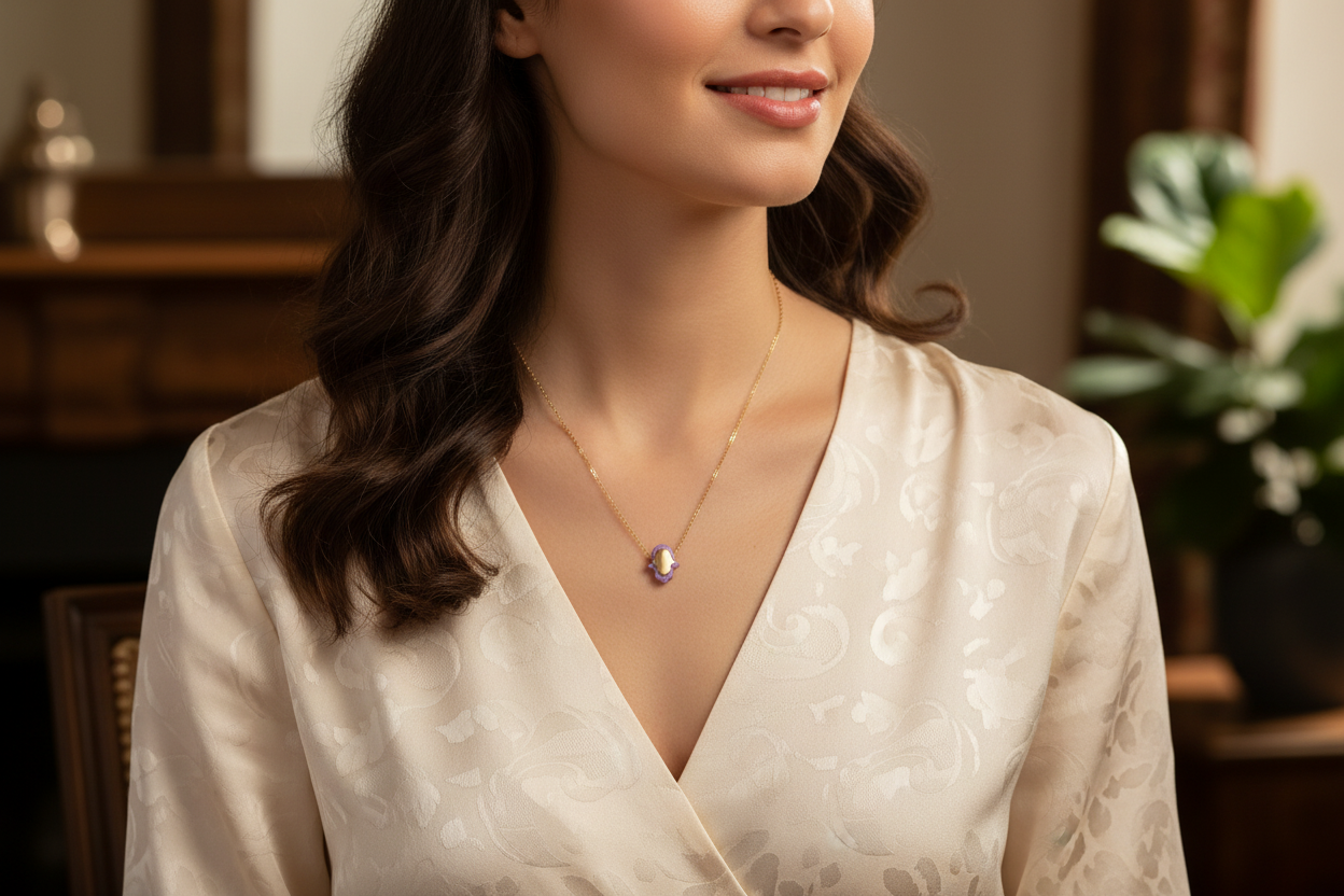 Pink opal hamsa necklace — gold plated sterling pendant | Judaica Square Lakewood (view 6)