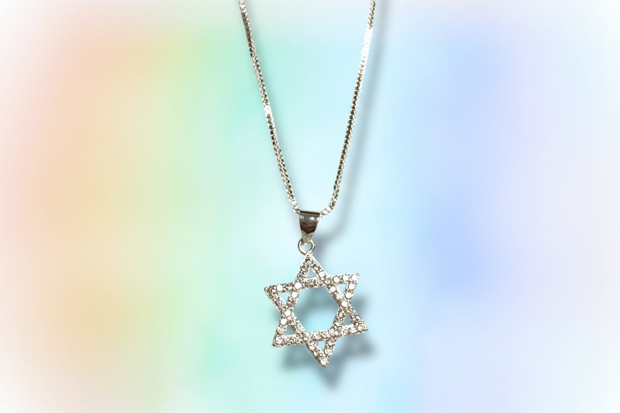 Sparkling cubic zirconia sterling Magen David pendant on box chain | Judaica Square Lakewood (view 4)