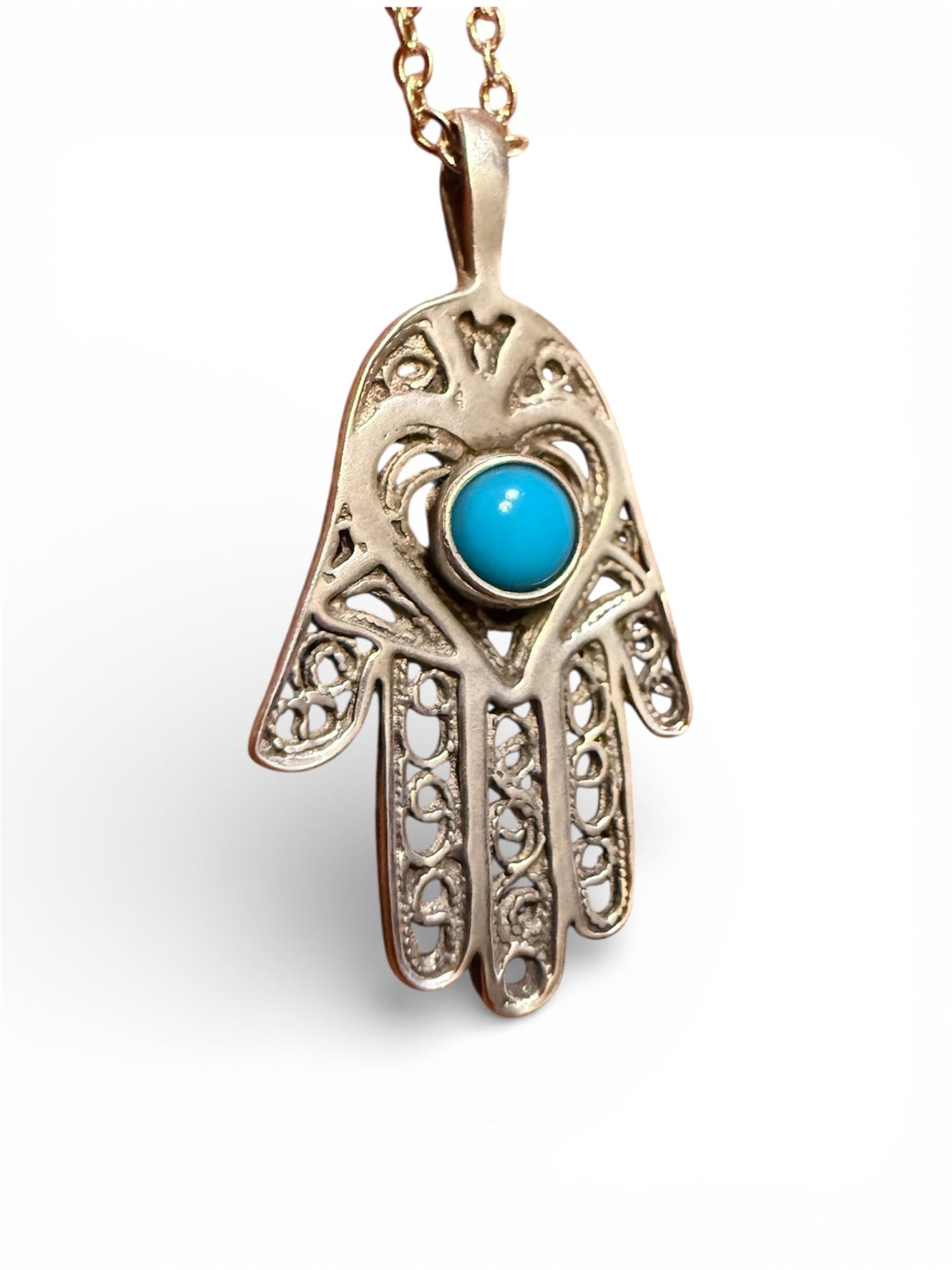 Turquoise stone hamsa hand pendant on a long sterling silver chain | Judaica Square Lakewood (view 5)