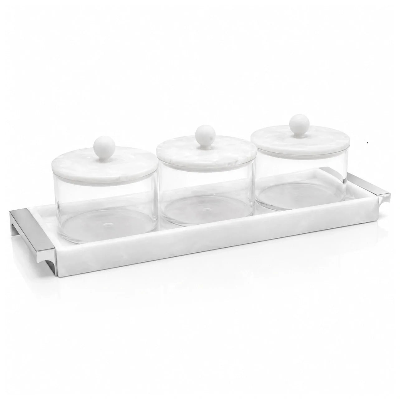 Resin Rectangle Dip Bowl Set — marbleized resin tray holding three lidded acrylic dip bowls | Judaica Square Lakewood