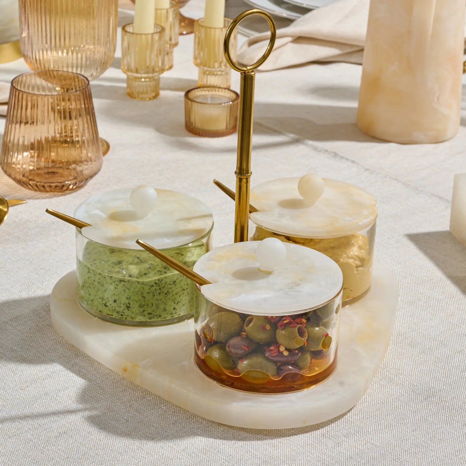 Resin Rotating Dip Bowl Set — rotating resin base with three acrylic dip bowls and spoons | Judaica Square Lakewood