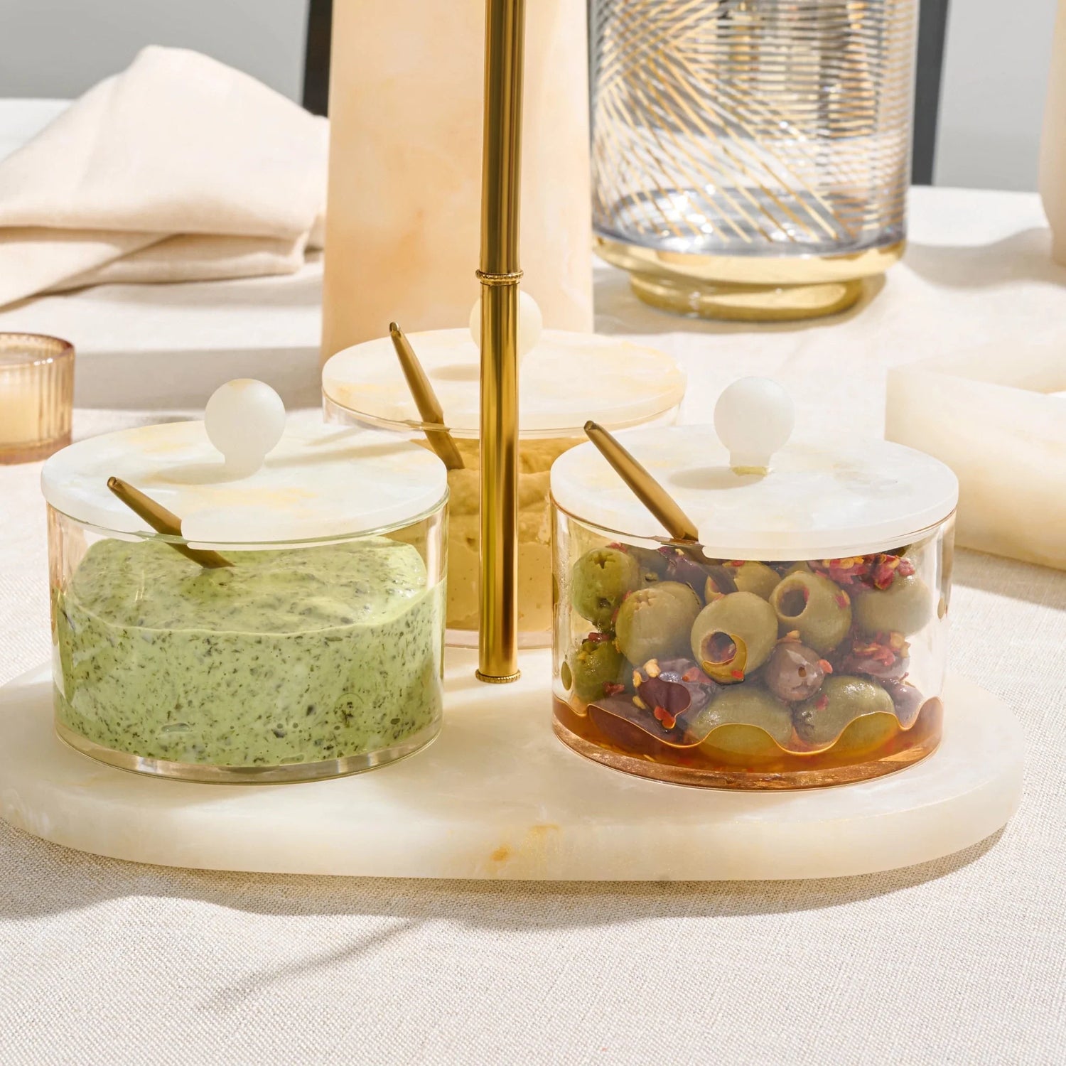 Resin Rotating Dip Bowl Set — rotating resin base with three acrylic dip bowls and spoons | Judaica Square Lakewood