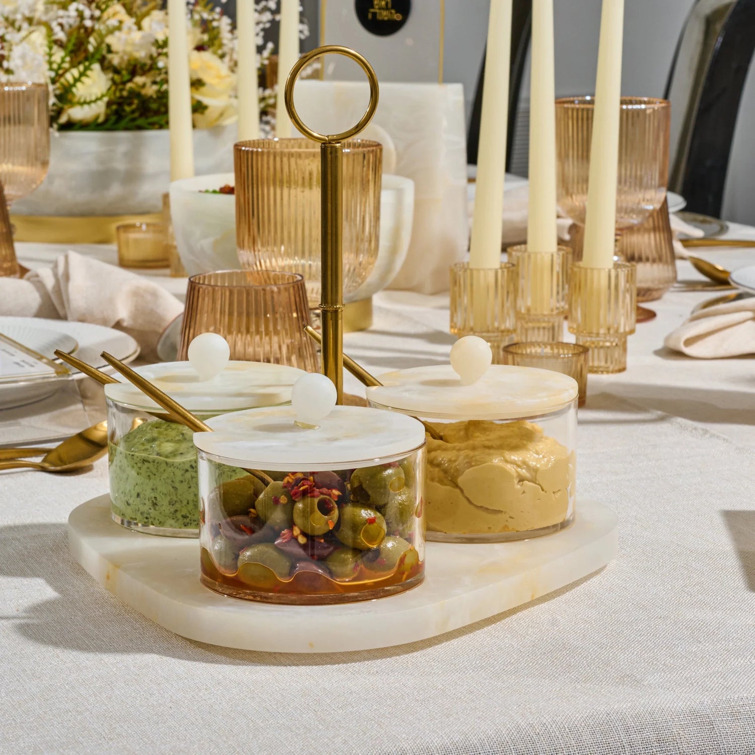 Resin Rotating Dip Bowl Set — rotating resin base with three acrylic dip bowls and spoons | Judaica Square Lakewood