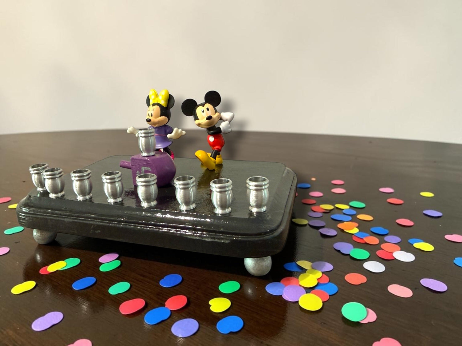 Mickey and Minnie Mouse menorah — repurposed Disney figures on painted wood plaque | Judaica Square Lakewood (view 9)