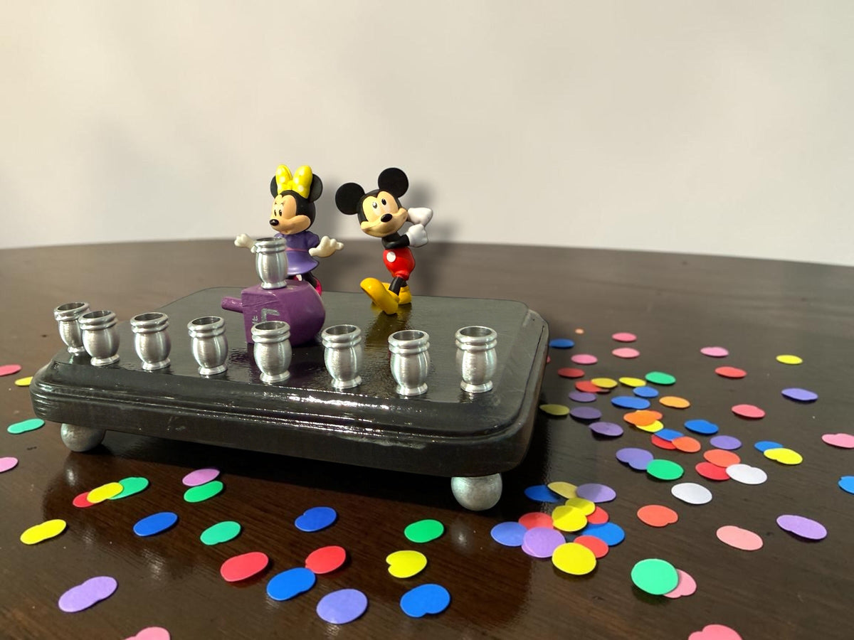 Mickey and Minnie Mouse menorah — repurposed Disney figures on painted wood plaque | Judaica Square Lakewood (view 9)