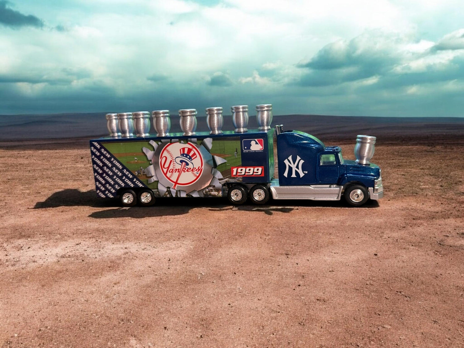 Yankees truck menorah — vintage die-cast baseball truck with a row of aluminum candle cups | Judaica Square Lakewood (view 2)