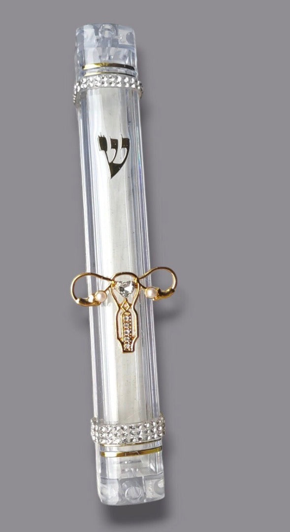 Women's rights mezuzah — pink rhinestones and gold uterus pin | Judaica Square Lakewood (view 7)