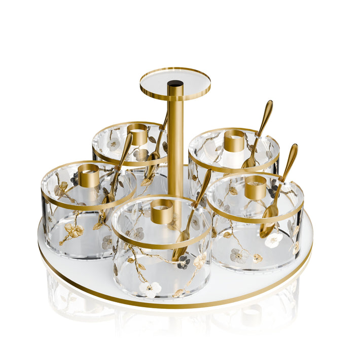 Ornate Garden Swivel Dip Dish (5 Dishes) — swivel caddy with ornate garden motif and lidded dishes | Judaica Square Lakewood