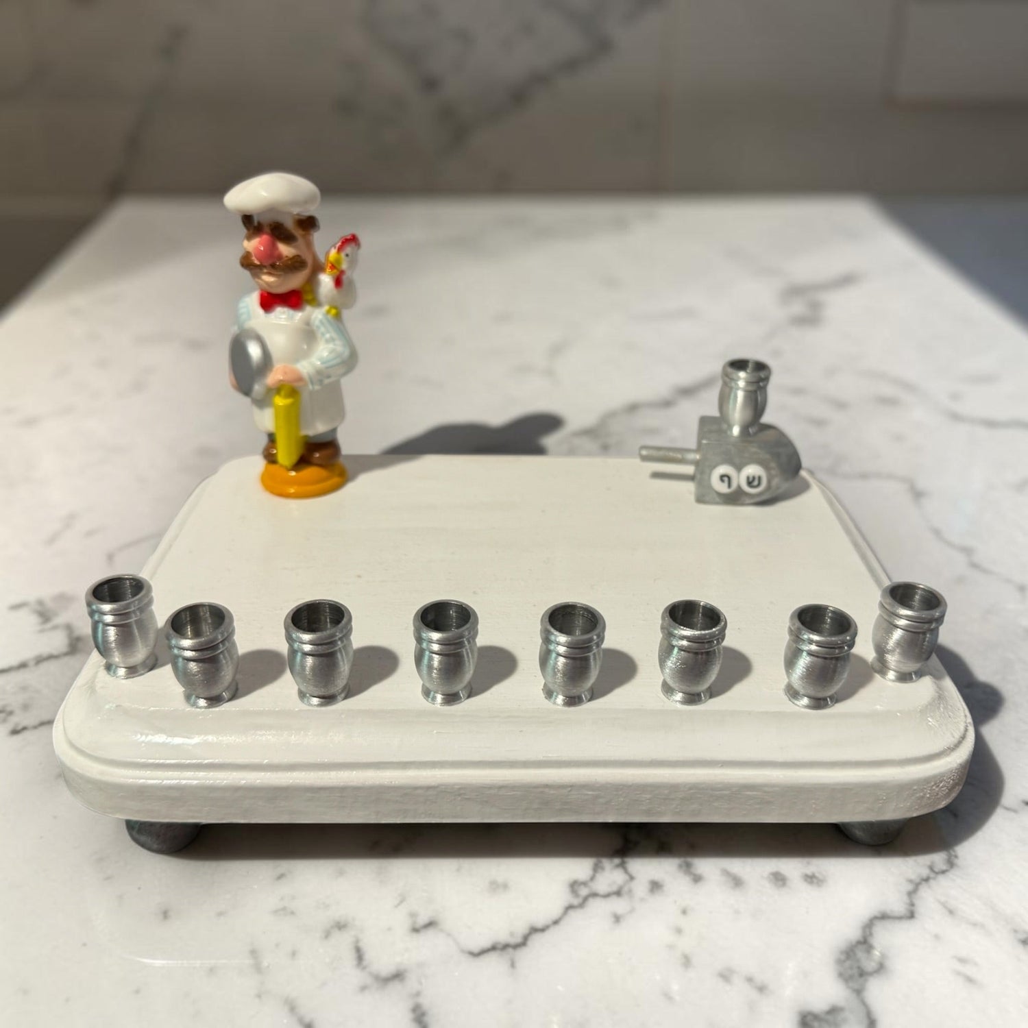 Swedish Chef menorah — Muppets chef figure with Hebrew bead dreidel and aluminum cups | Judaica Square Lakewood (view 13)