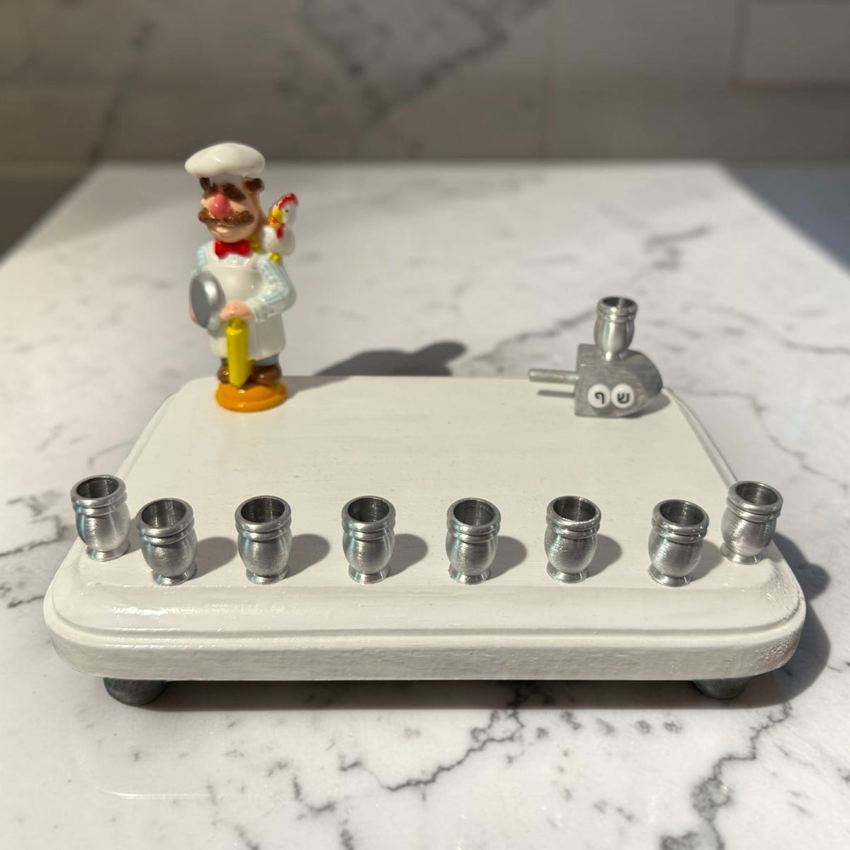 Swedish Chef menorah — Muppets chef figure with Hebrew bead dreidel and aluminum cups | Judaica Square Lakewood (view 13)