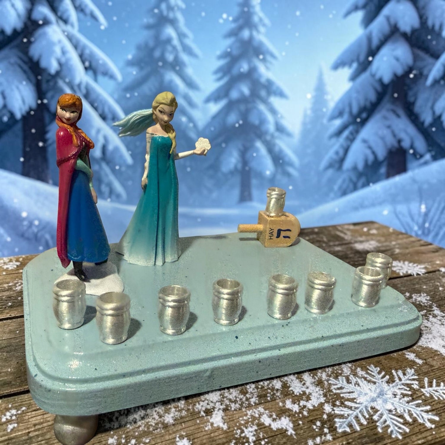 Frozen menorah — Anna and Elsa figures on rhinestone-trimmed painted plaque | Judaica Square Lakewood (view 6)