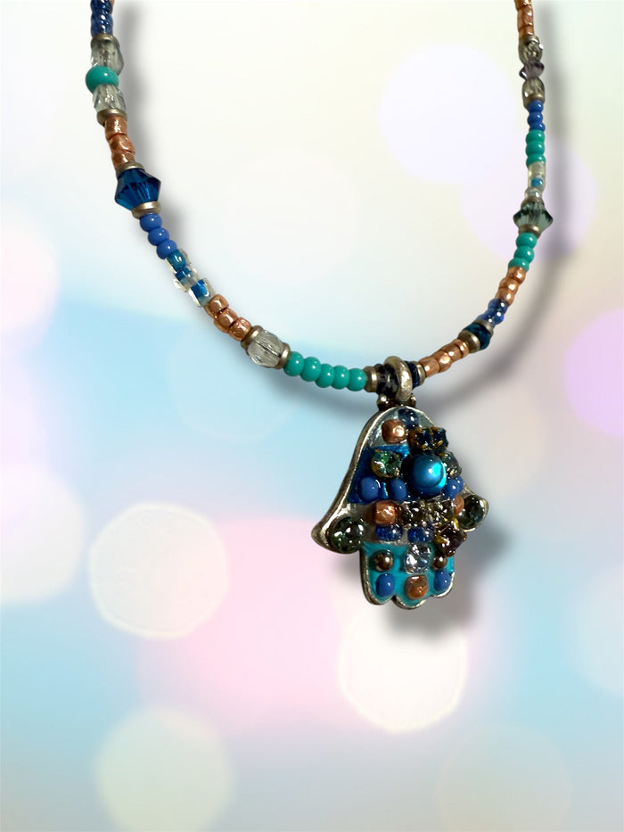 Small blue mosaic hamsa necklace — cobalt glass gold pendant | Judaica Square Lakewood