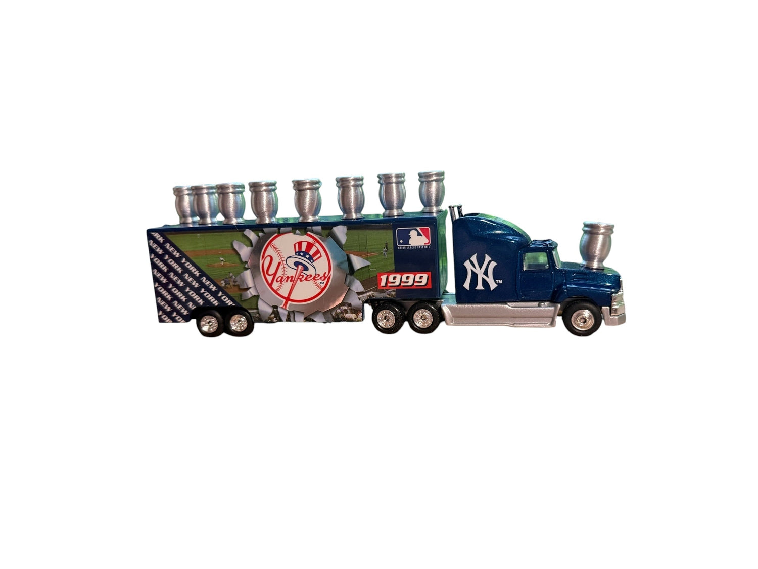 Yankees truck menorah — vintage die-cast baseball truck with a row of aluminum candle cups | Judaica Square Lakewood (view 3)