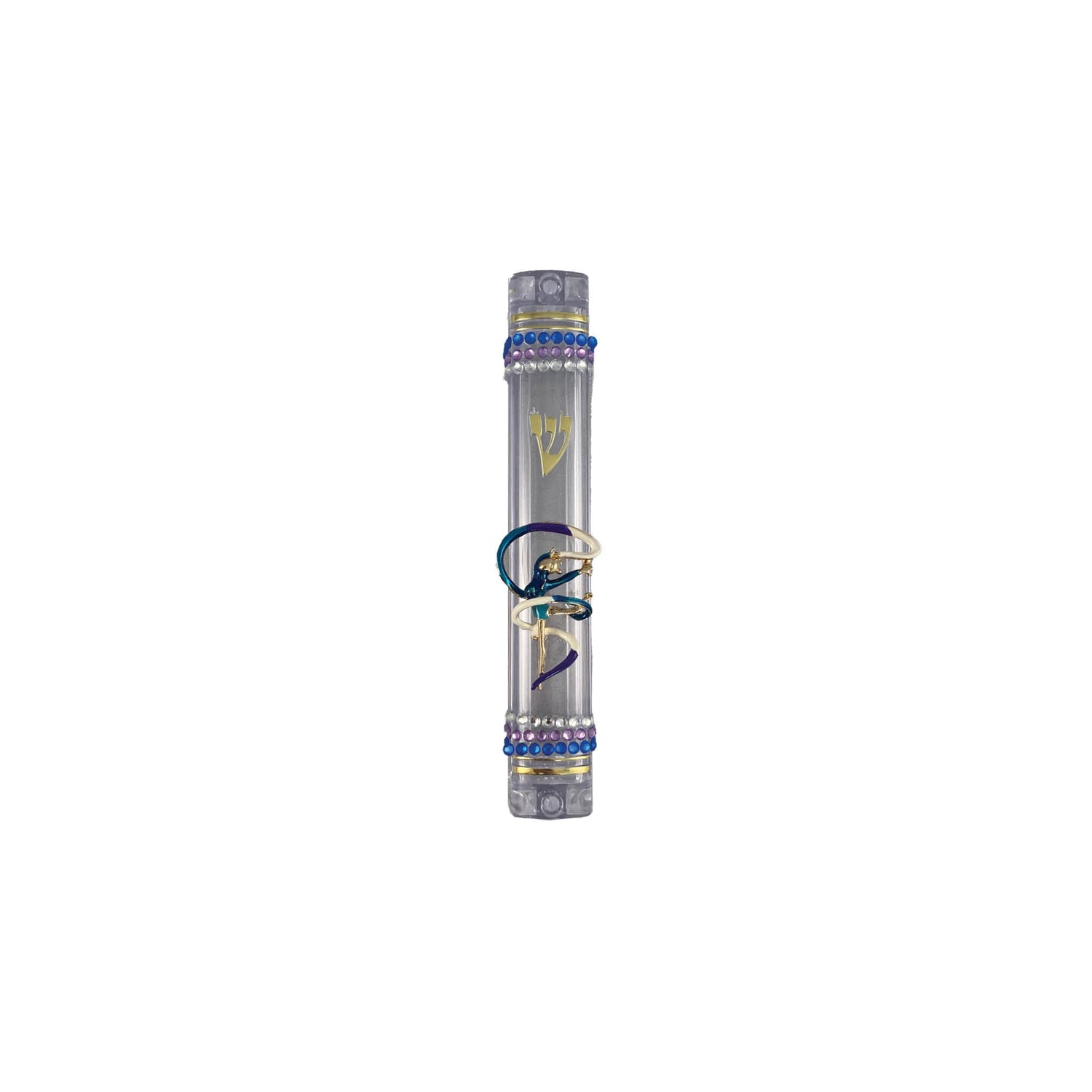 Crown and dancing women acrylic mezuzah case — gold enamel crown with rhinestones | Judaica Square Lakewood (view 2)
