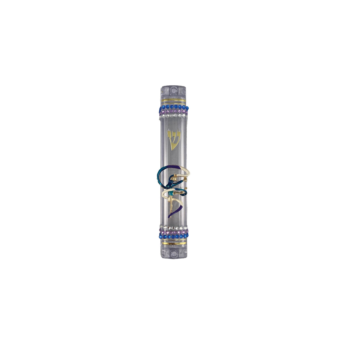 Crown and dancing women acrylic mezuzah case — gold enamel crown with rhinestones | Judaica Square Lakewood (view 2)