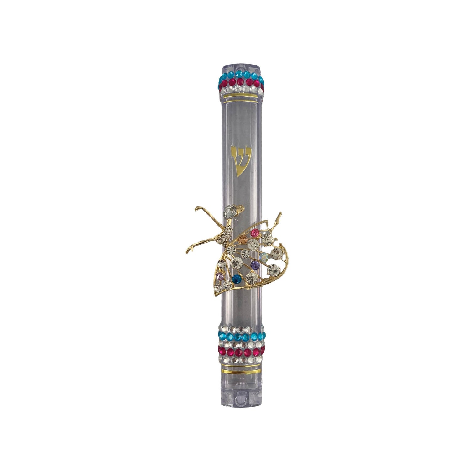 Crown and dancing women acrylic mezuzah case — gold enamel crown with rhinestones | Judaica Square Lakewood (view 4)