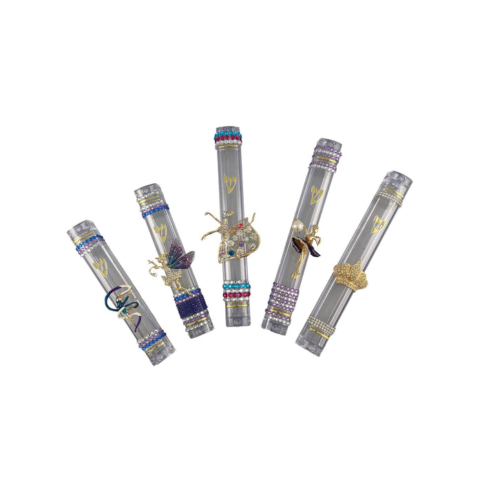 Crown and dancing women acrylic mezuzah case — gold enamel crown with rhinestones | Judaica Square Lakewood