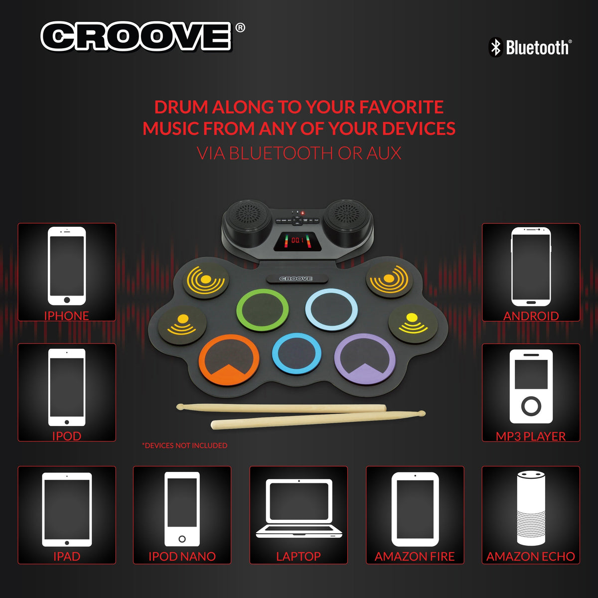 Croove Electronic Drum Set - 9 Pads, 2 Pedals, Rechargeable Kids Drums — 9-pad, view 3 | Judaica Square Lakewood
