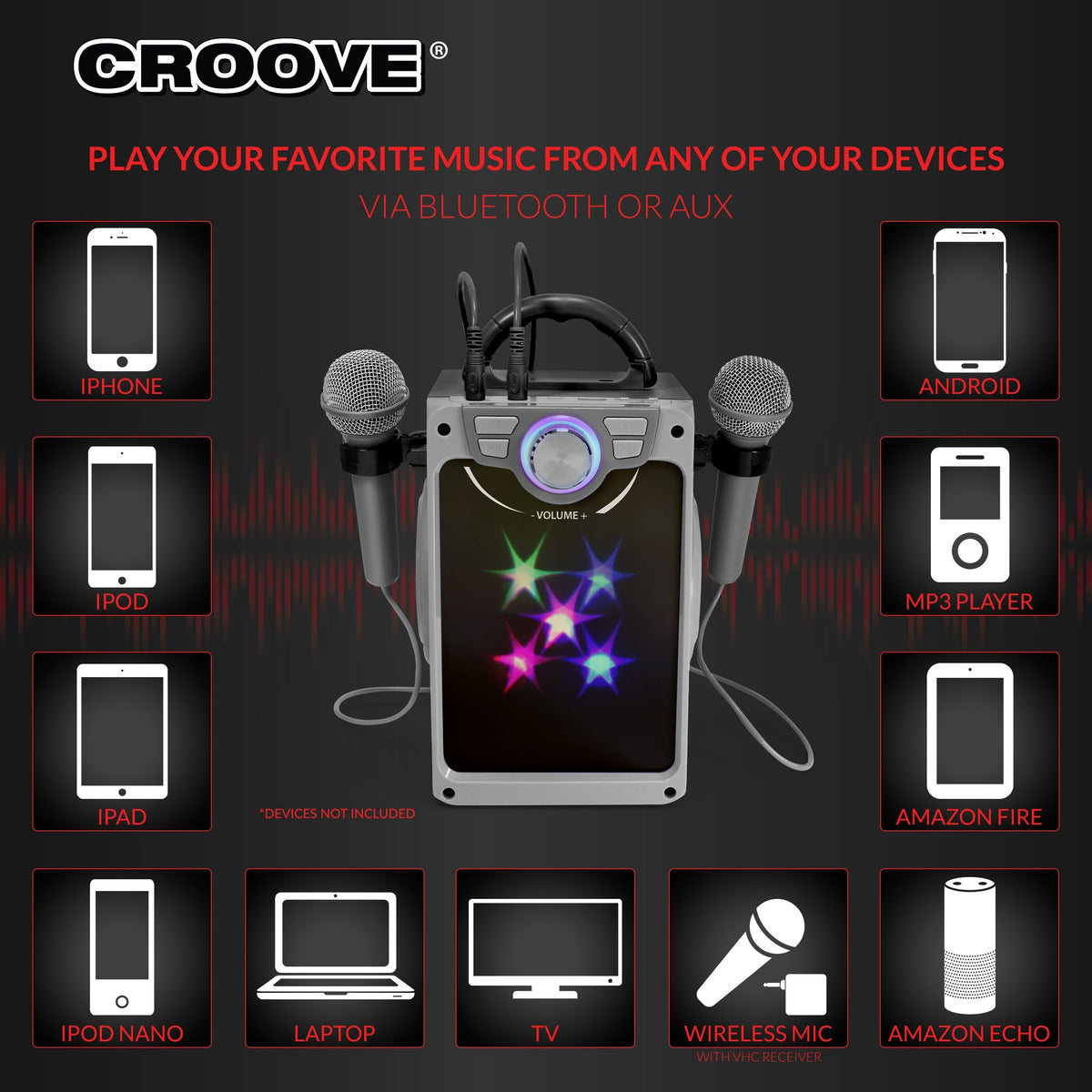 Croove Pop Box Kids Karaoke Machine, Black - 2 Mics & Disco Lights — product view, view 6 | Judaica Square Lakewood