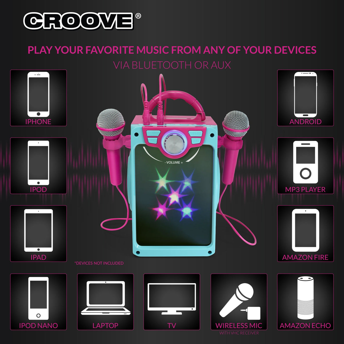Croove Pop Box Kids Karaoke Machine, Pink - 2 Mics & Disco Lights — product view, view 5 | Judaica Square Lakewood
