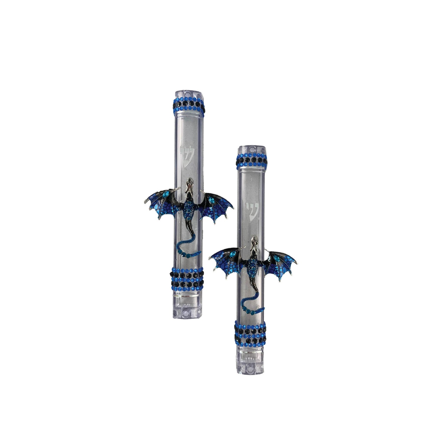 Colorful dragon mezuzah case — enamel dragon and rhinestones on a clear acrylic case | Judaica Square Lakewood (view 3)