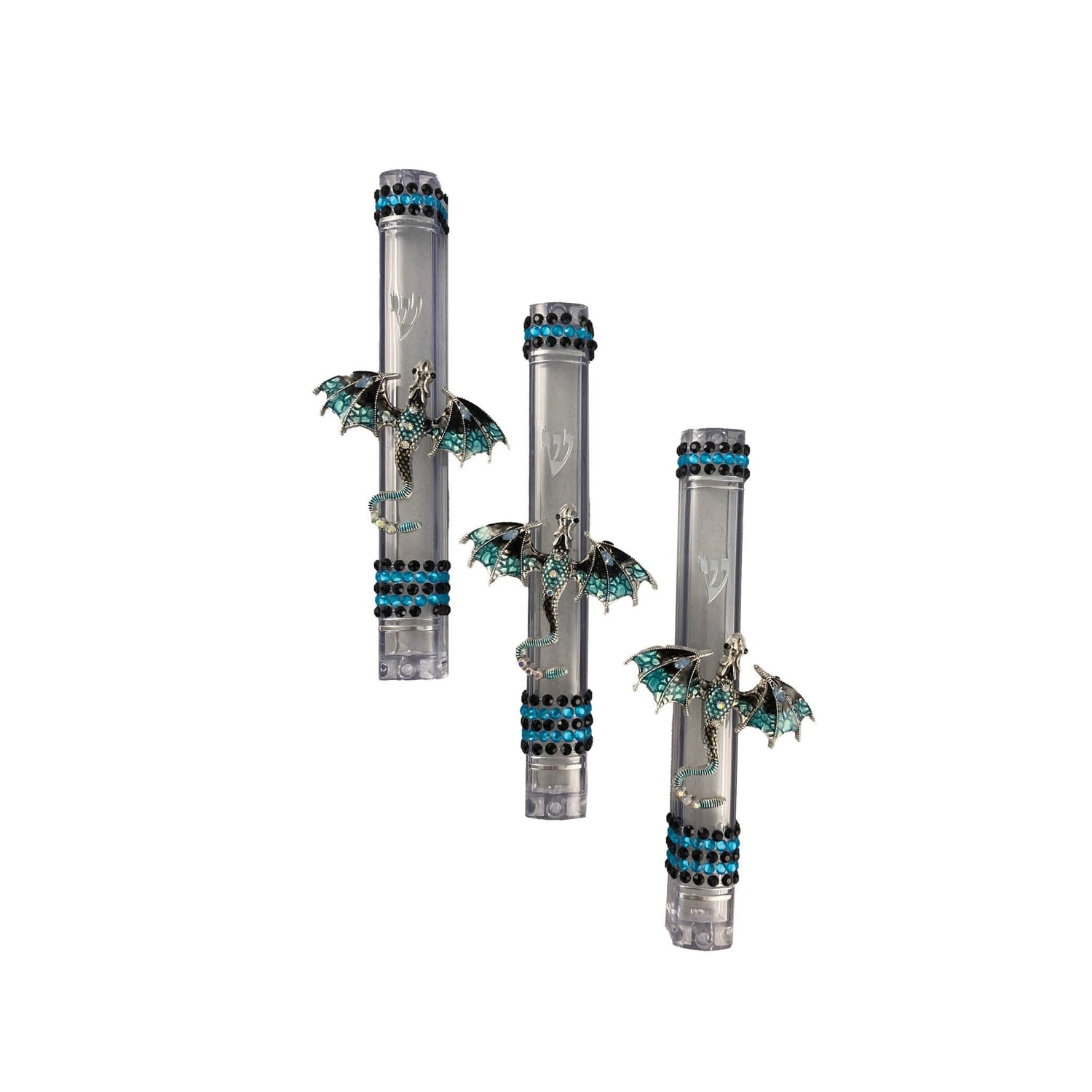 Colorful dragon mezuzah case — enamel dragon and rhinestones on a clear acrylic case | Judaica Square Lakewood (view 6)