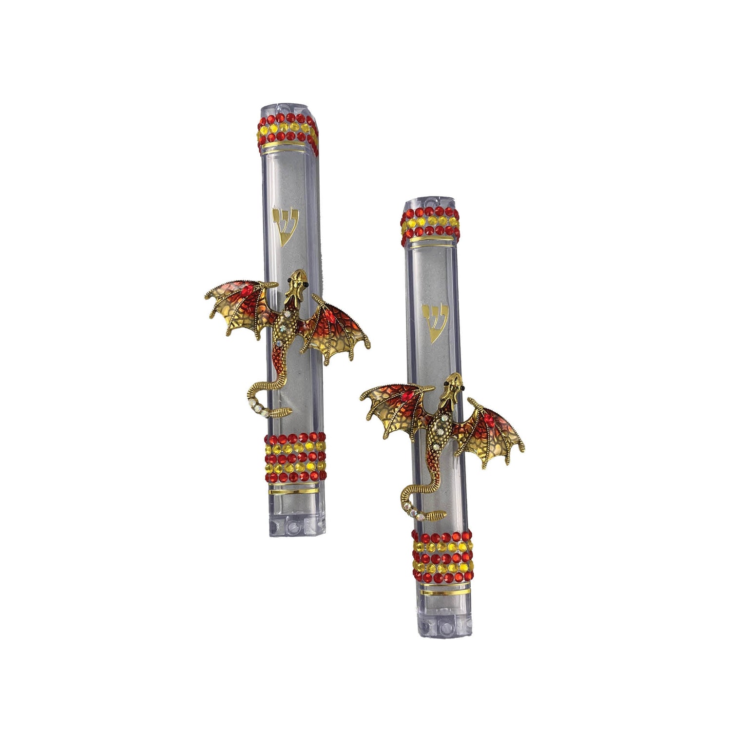Colorful dragon mezuzah case — enamel dragon and rhinestones on a clear acrylic case | Judaica Square Lakewood (view 4)