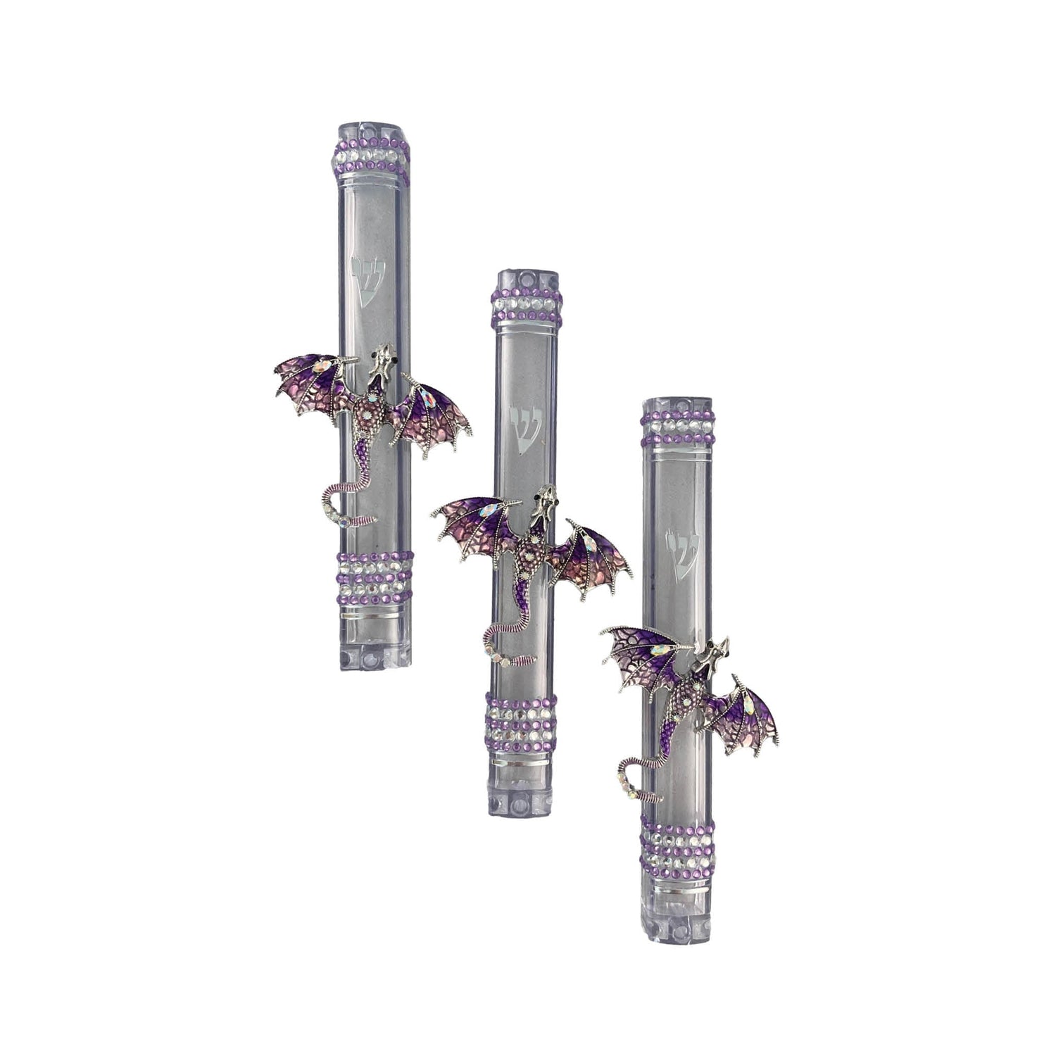 Colorful dragon mezuzah case — enamel dragon and rhinestones on a clear acrylic case | Judaica Square Lakewood (view 2)
