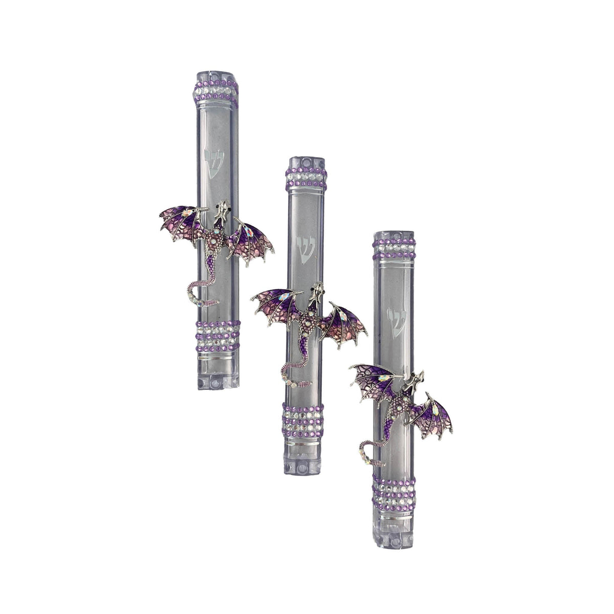 Colorful dragon mezuzah case — enamel dragon and rhinestones on a clear acrylic case | Judaica Square Lakewood (view 2)