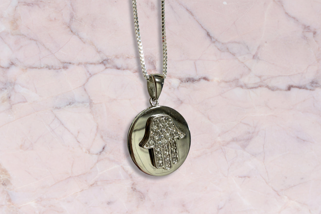 Circle hamsa necklace — sterling silver disc with cubic zirconia | Judaica Square Lakewood (view 5)