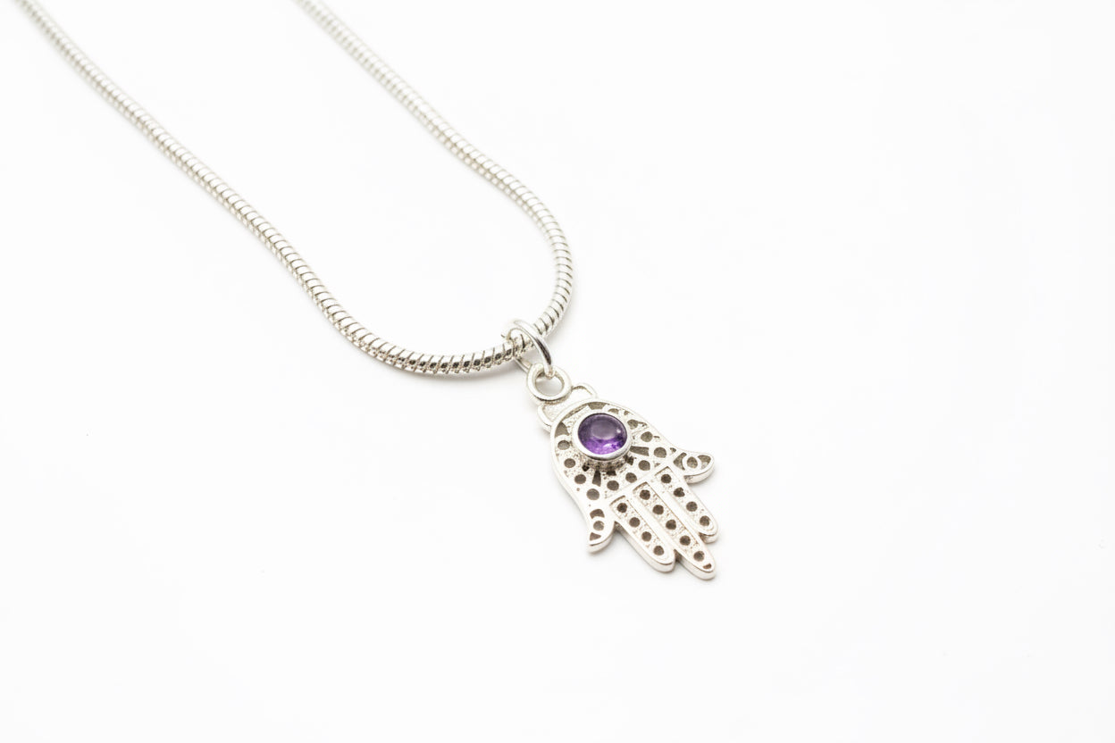 Filigree sterling hamsa pendant set with a purple amethyst stone | Judaica Square Lakewood (view 3)