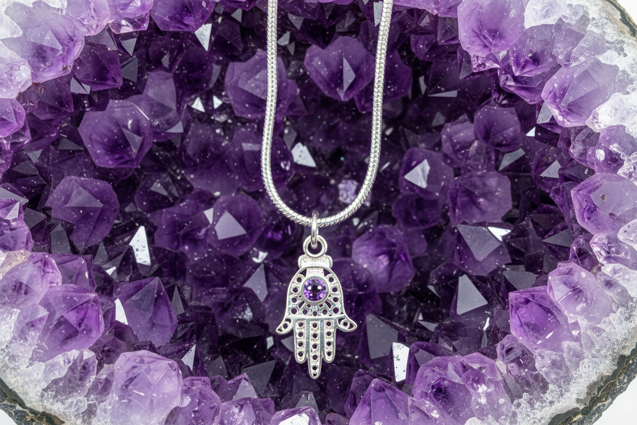 Filigree sterling hamsa pendant set with a purple amethyst stone | Judaica Square Lakewood (view 10)