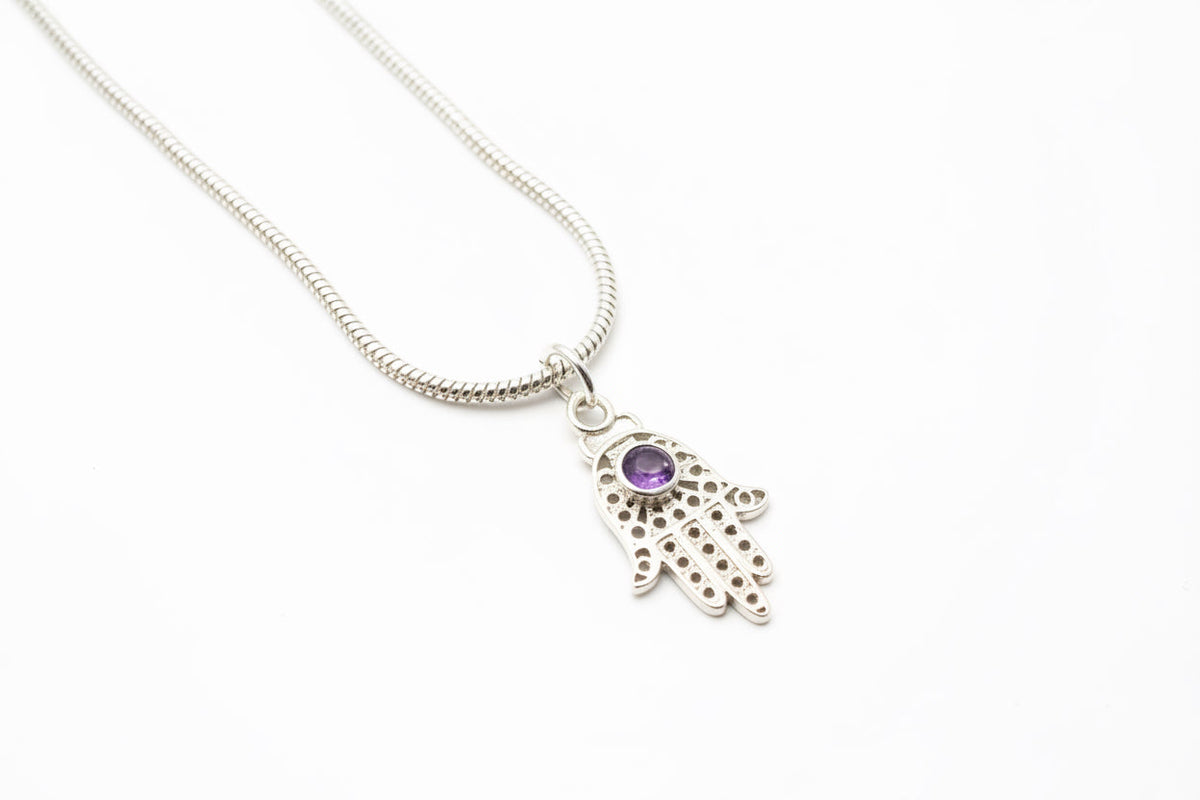 Filigree sterling hamsa pendant set with a purple amethyst stone | Judaica Square Lakewood (view 3)