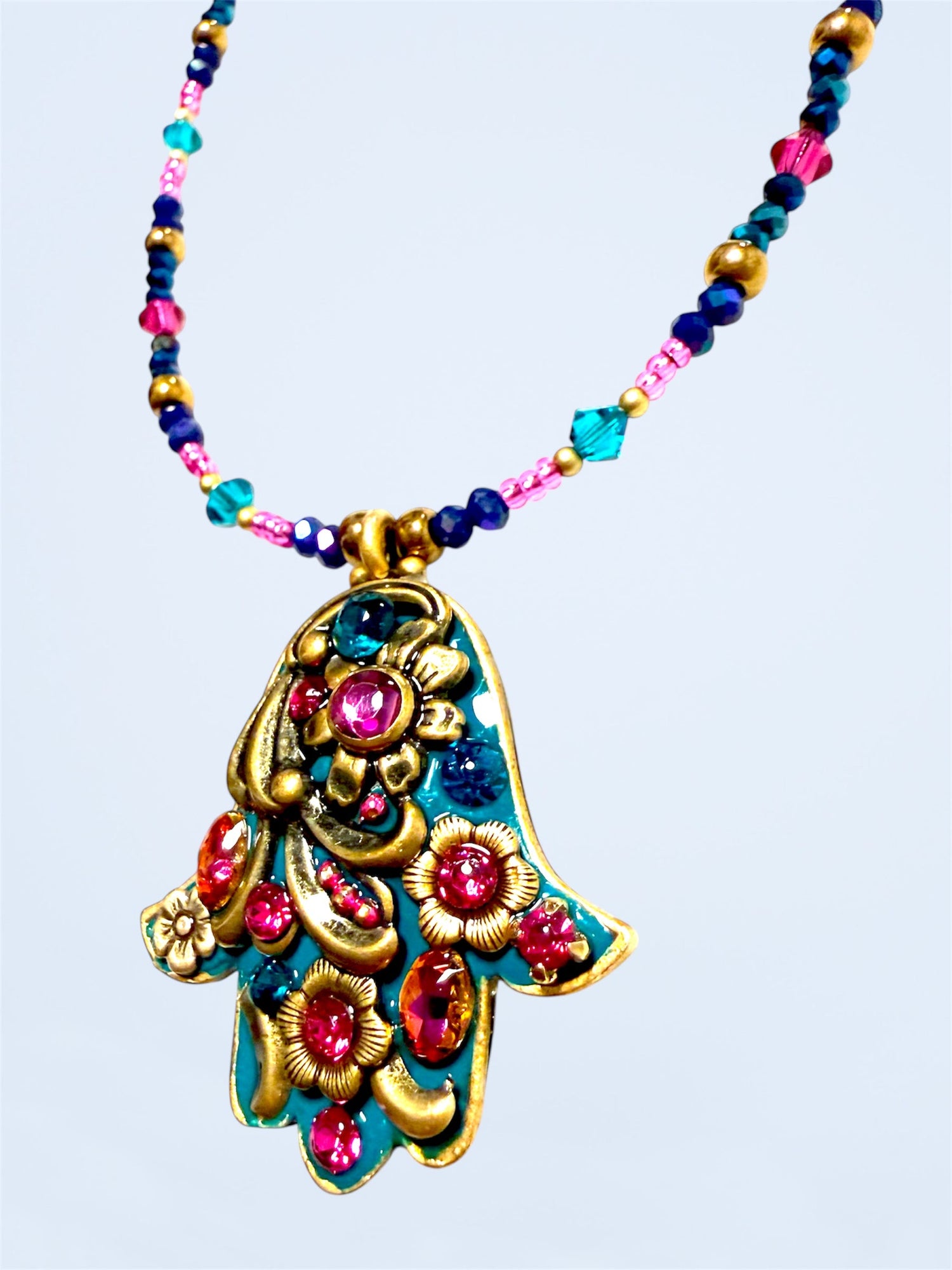 Michal Golan teal mosaic hamsa pendant with crystals and gold trim | Judaica Square Lakewood (view 2)