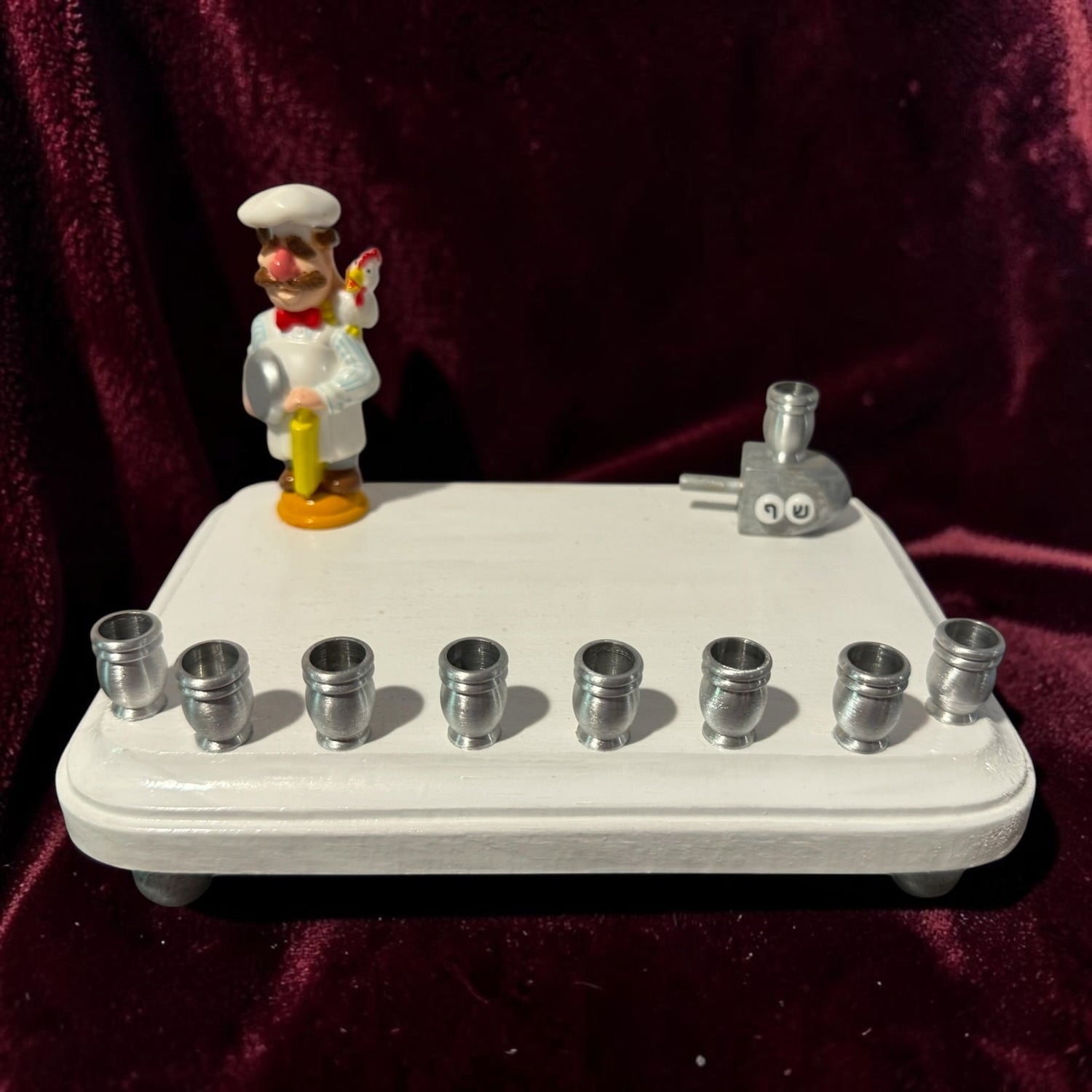 Swedish Chef menorah — Muppets chef figure with Hebrew bead dreidel and aluminum cups | Judaica Square Lakewood (view 4)