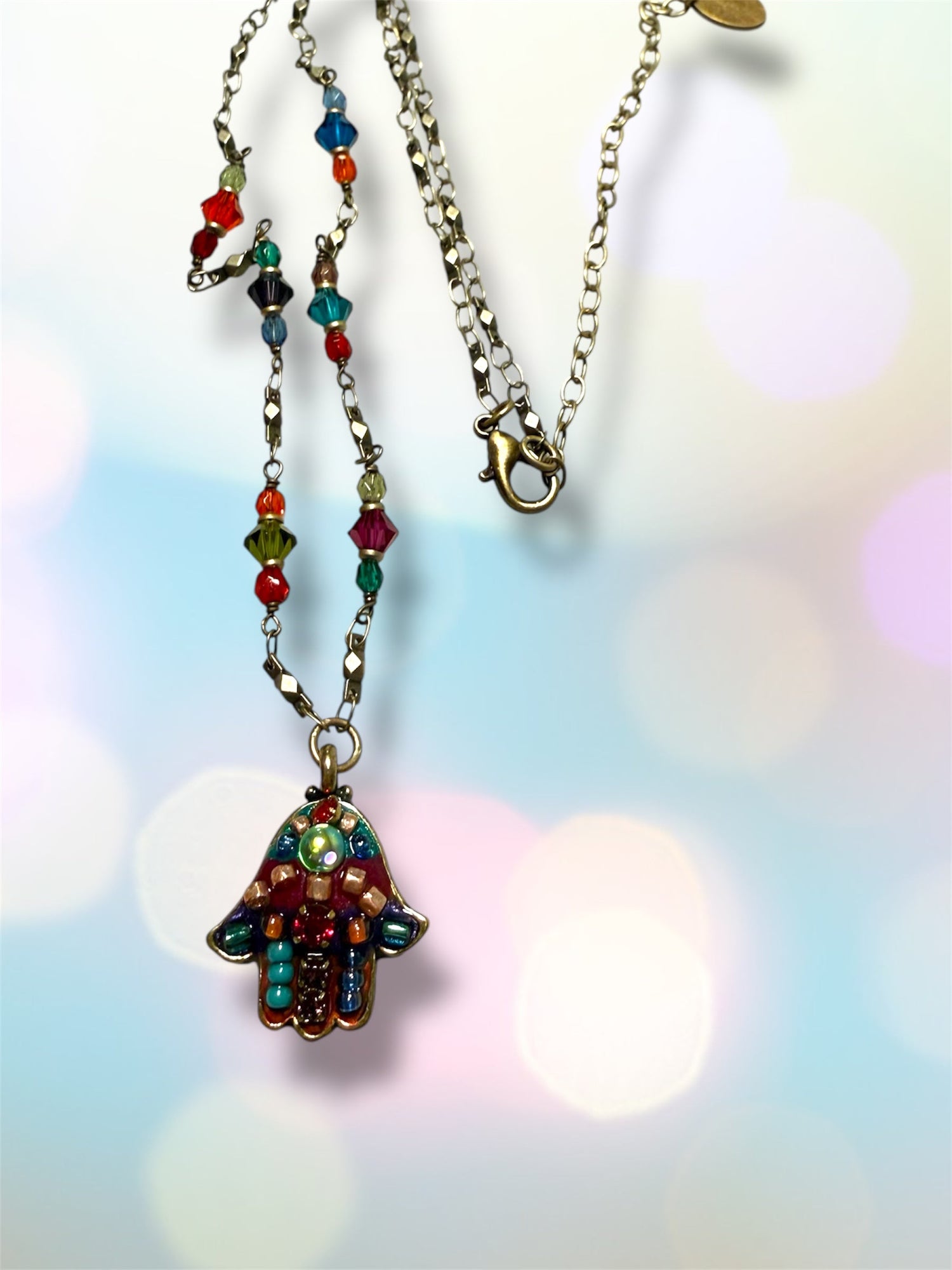 Multicolor hamsa necklace — bright glass mosaic gold pendant | Judaica Square Lakewood (view 8)