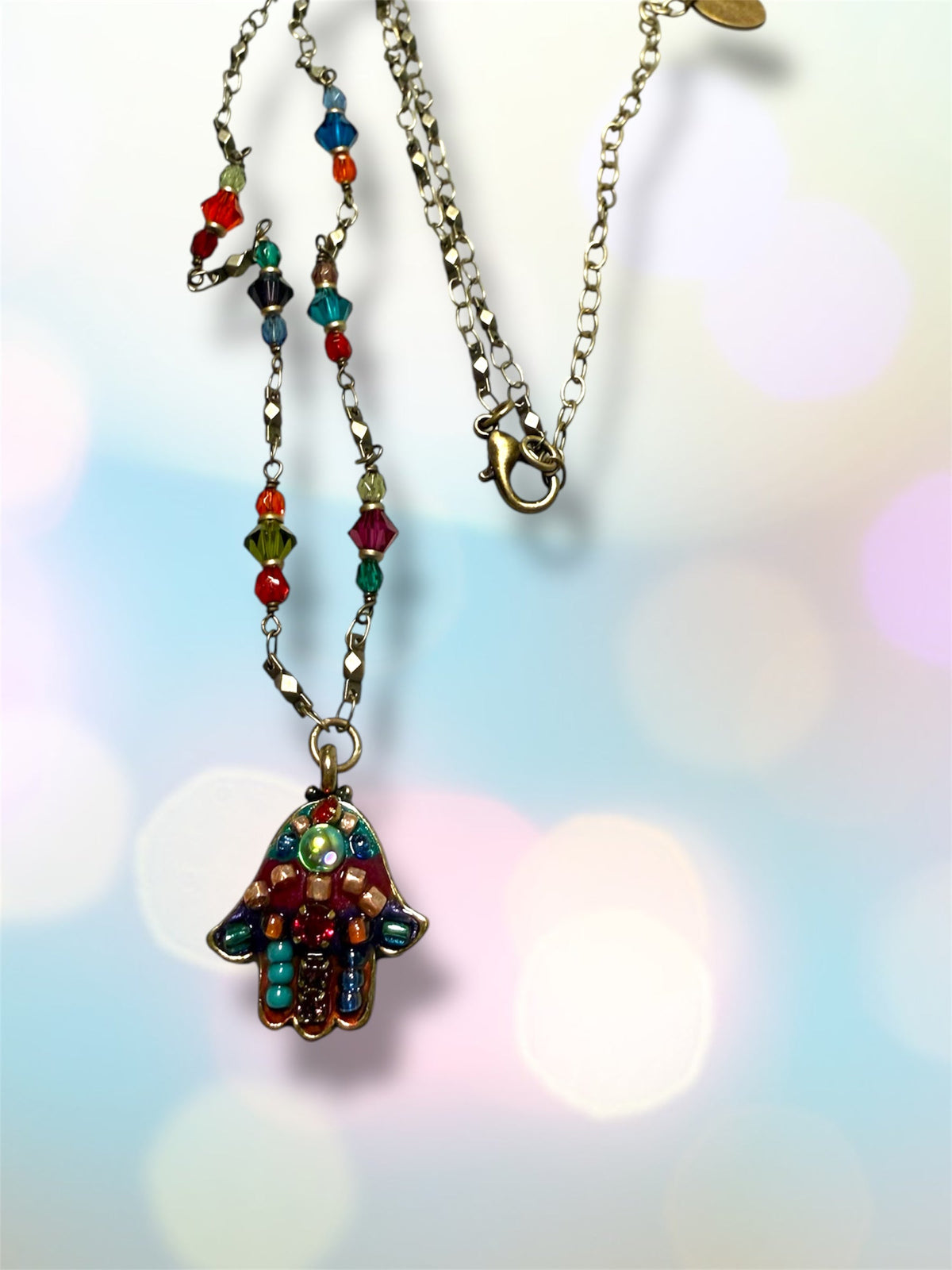 Multicolor hamsa necklace — bright glass mosaic gold pendant | Judaica Square Lakewood (view 8)